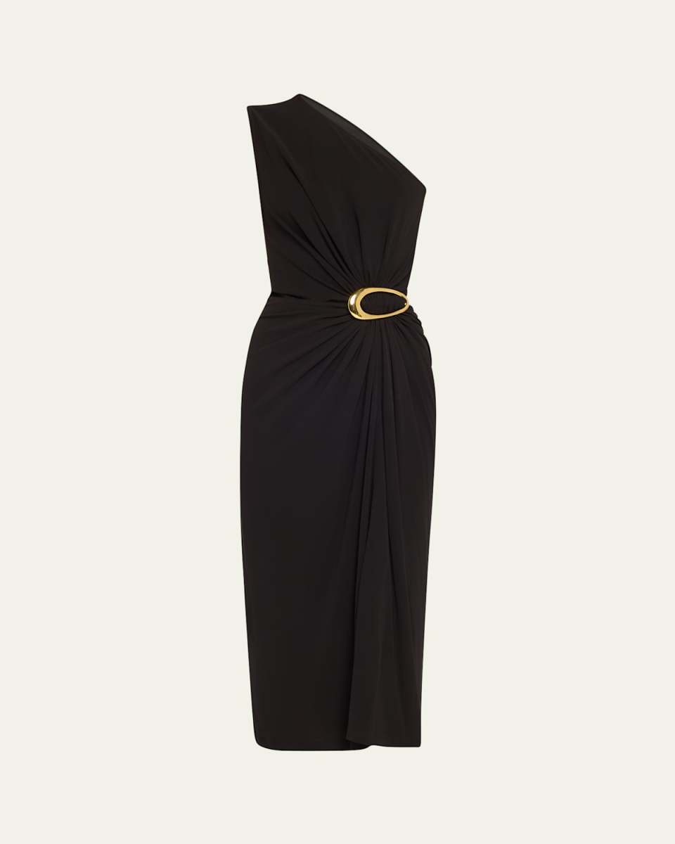 One-Shoulder Crepe Viscose Jersey Buckled Dress